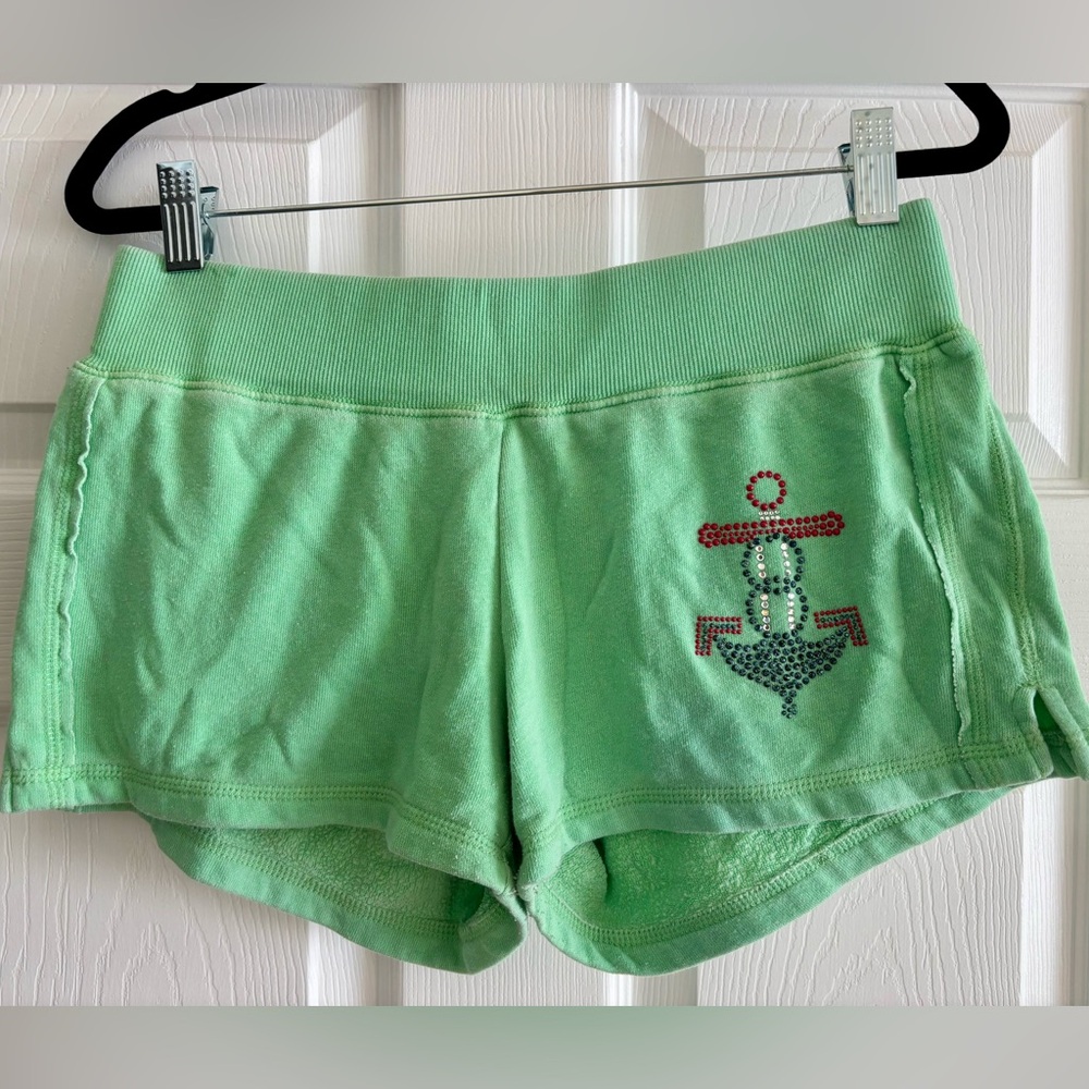 Super Soft Green Shorts; Studded Anchor, Elastic Waist; Womens Junior Size L